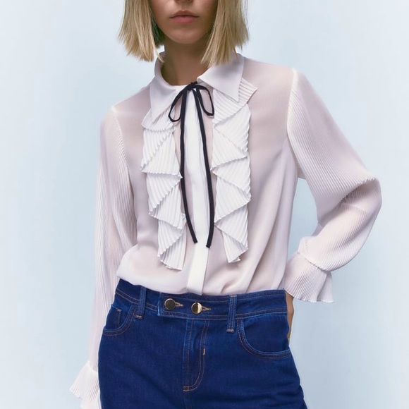 Zara Tops Zara White Pleated Ruffle Black Neck Ribbon Dress Shirt